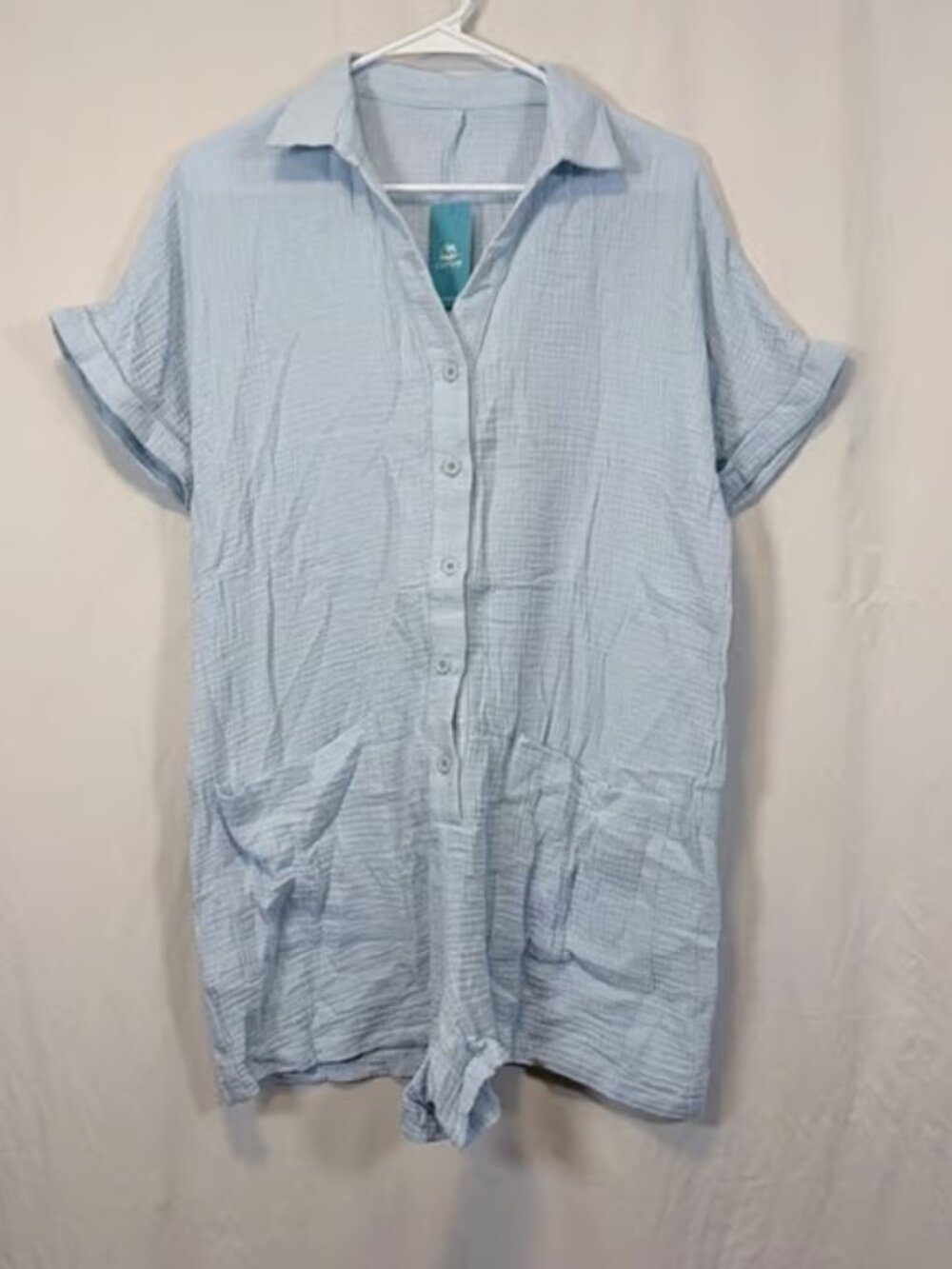 CUPSHE Romper Button Front Gauze Light Blue Short Sleeve Beachwear Medium